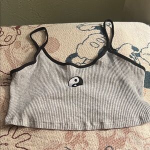 #1017+ Gray Ribbed Crop Top with Yin Yang Patch